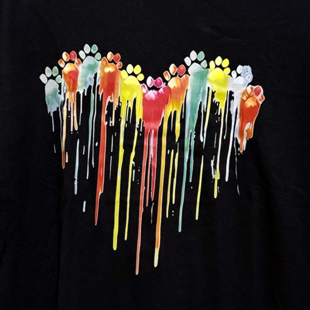 Size 2XL Animal Paw Print Rainbow Paint Drip Custom Graphic Unisex T-Shirt